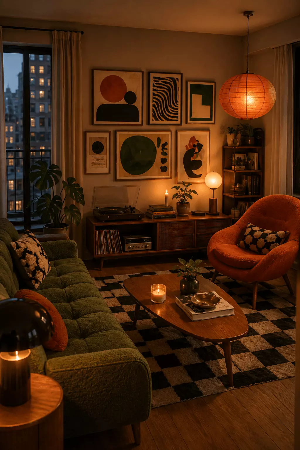 Gallery wall apartment mid-century modern living room with an olive green sofa, orange lounge chair, oval wood coffee table, media console, record player, abstract wall art, indoor plants, paper pendant lamp, and checkered rug.