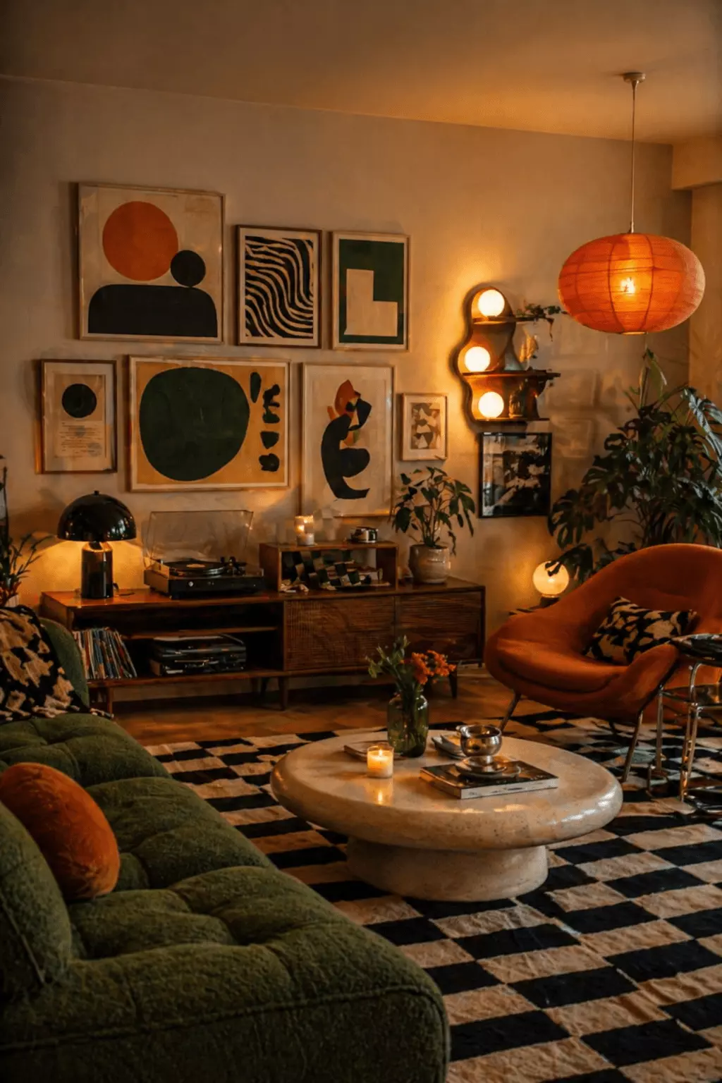 Olive and orange retro mid-century modern living room with a green sofa, burnt orange lounge chair, round stone coffee table, abstract gallery wall, record player, indoor plants, and checkered rug.