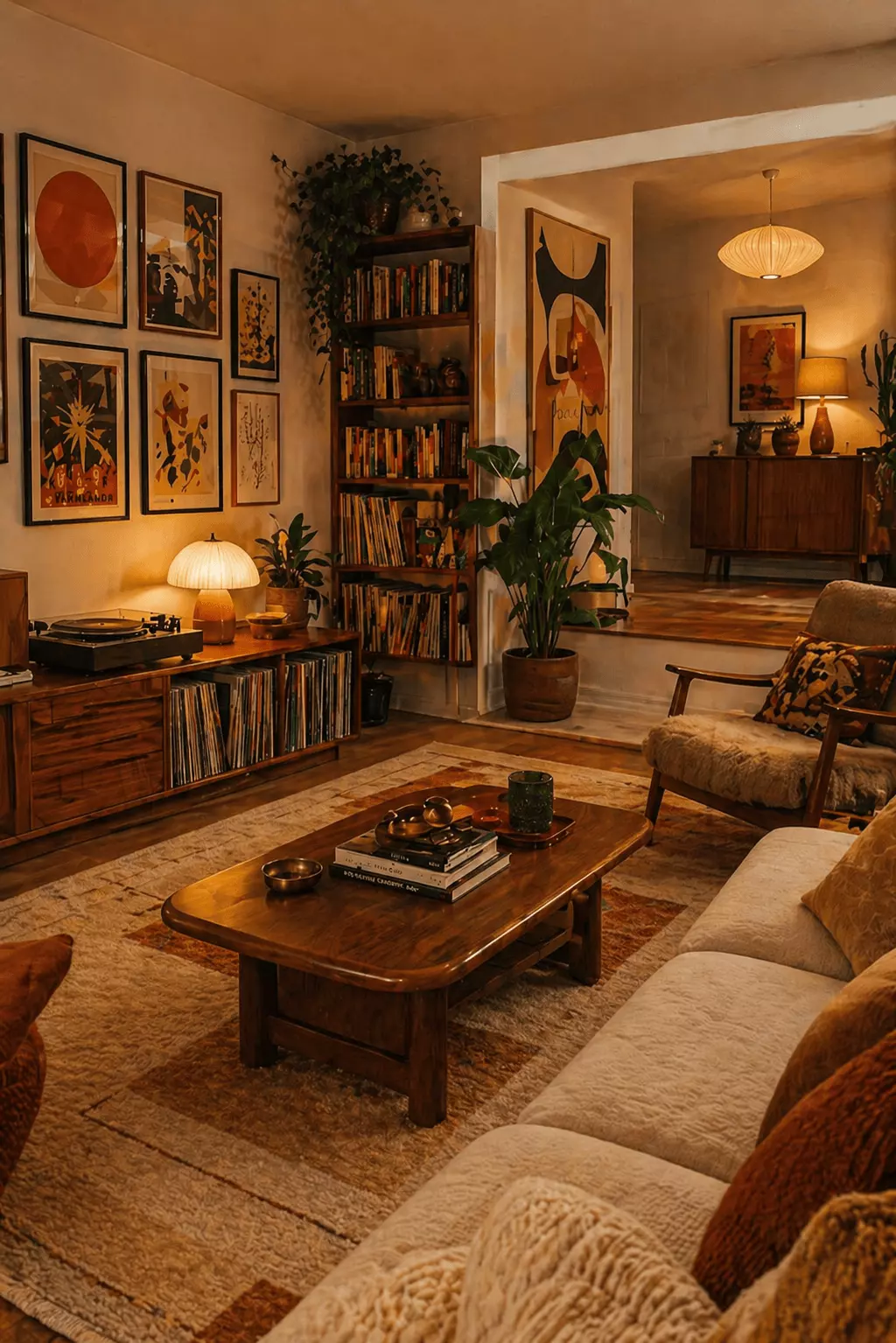 Retro warm wood mid-century modern living room with a gallery wall, wood coffee table, sideboard, record player, indoor plants, and cozy table lamps.