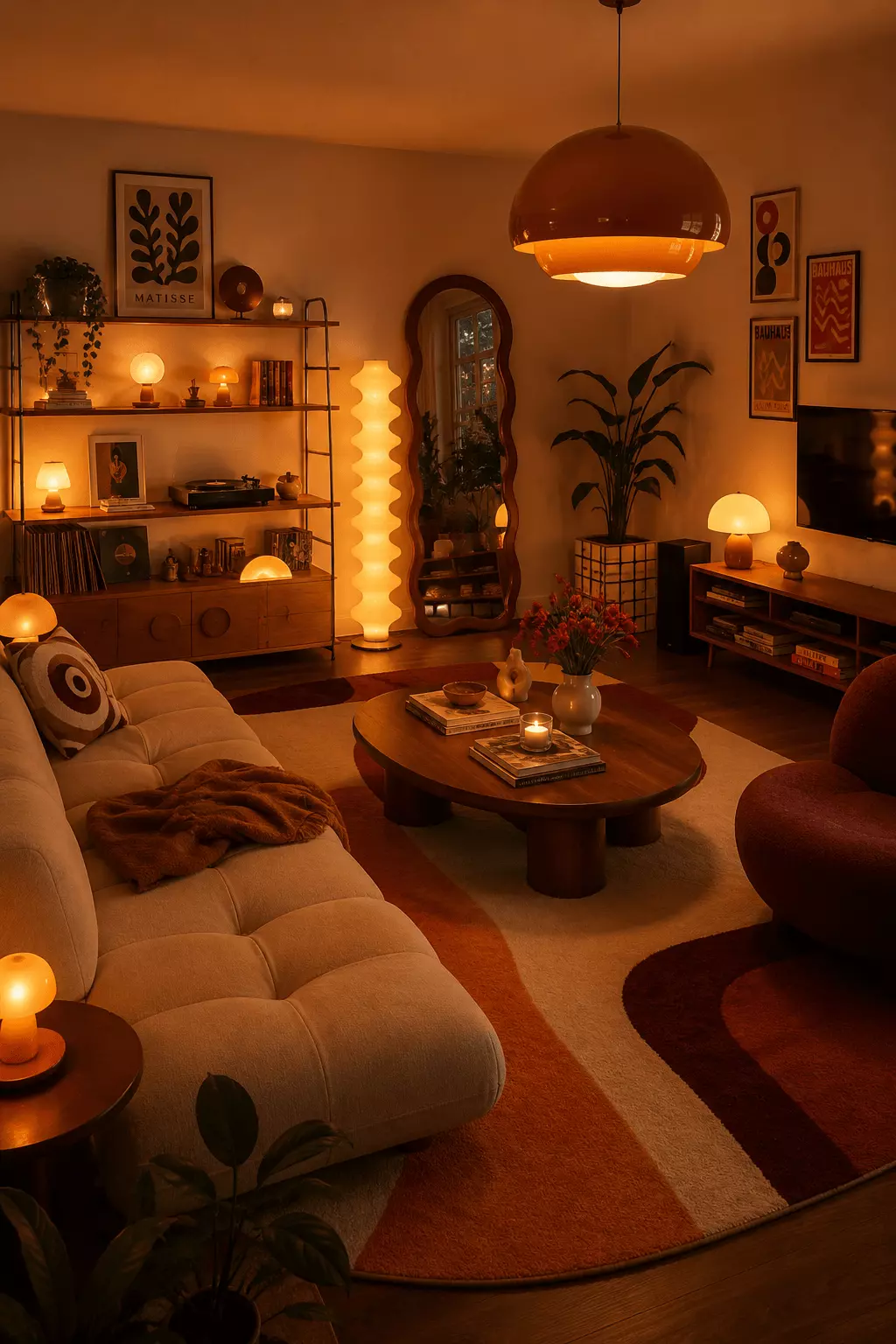 Sculptural amber mid-century modern living room with a cream modular sofa, round wood coffee table, oversized pendant lamp, mushroom lamps, retro wall art, indoor plants, and graphic rug.