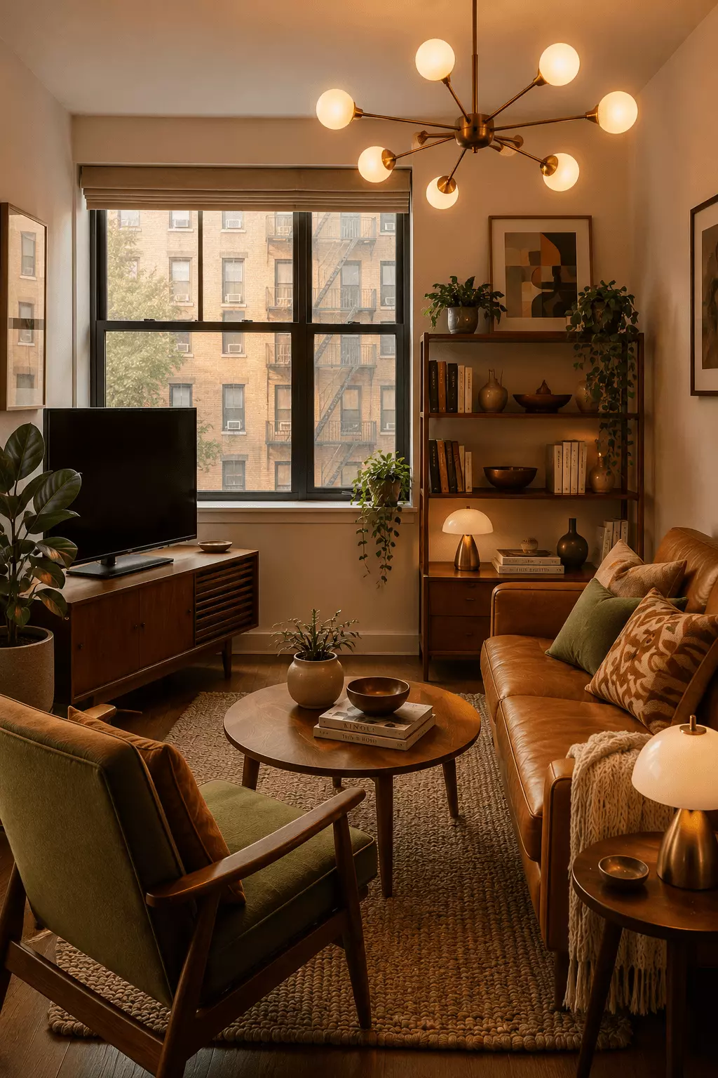 Small apartment mid-century modern living room with a cognac leather sofa, olive lounge chair, round wood coffee table, walnut TV console, open bookshelf, indoor plants, globe chandelier, and textured rug.
