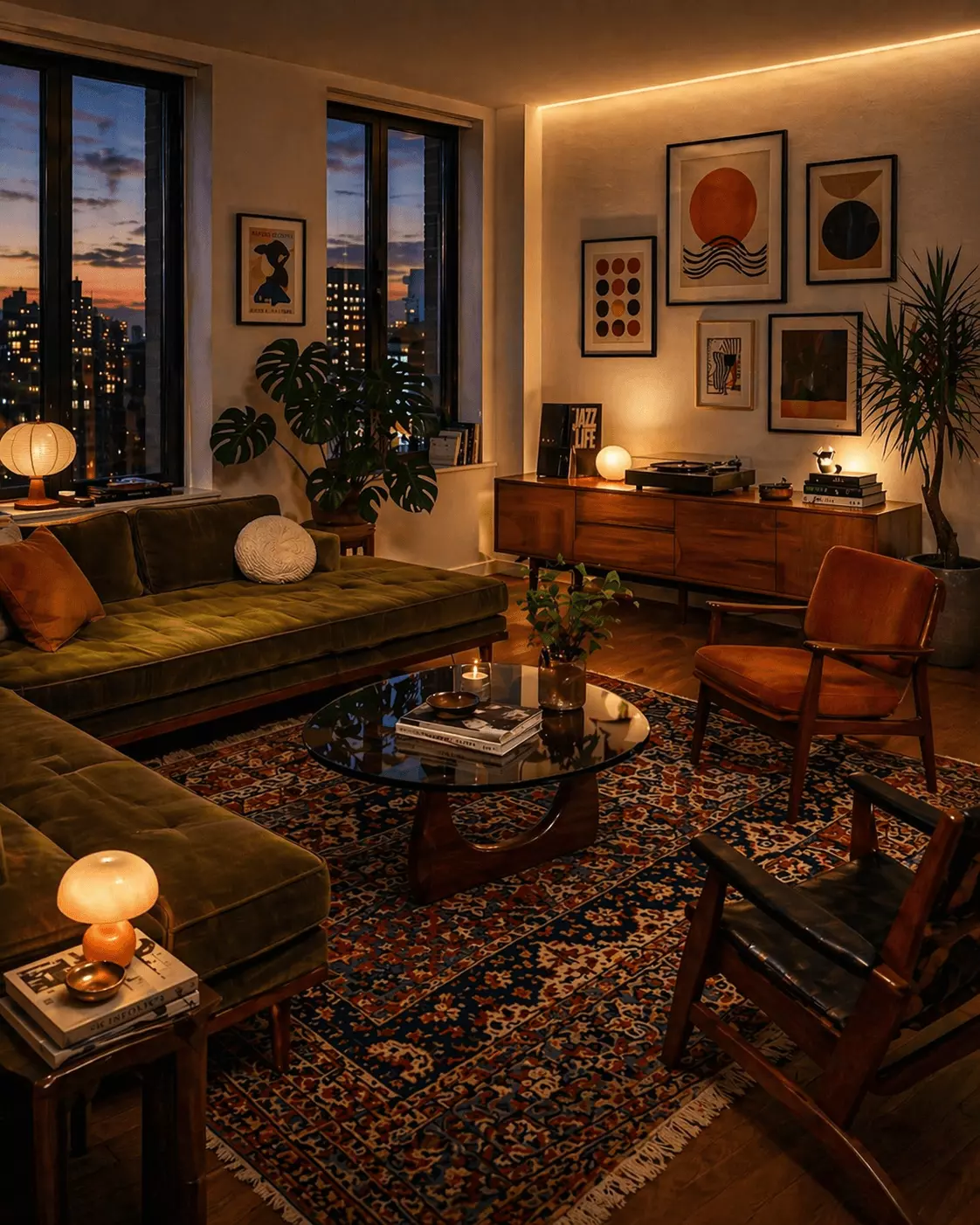 Urban retro mid-century modern living room with an olive velvet sofa, glass coffee table, walnut media console, leather lounge chairs, record player, abstract wall art, indoor plants, and vintage patterned rug.