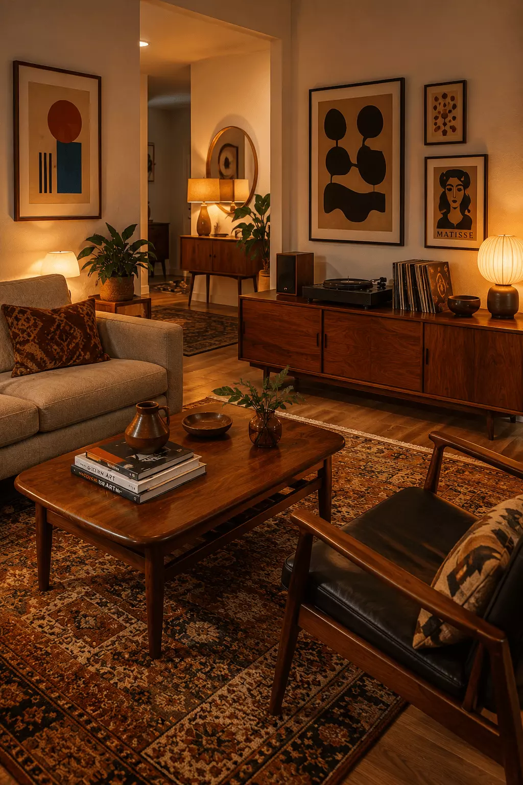 Walnut gallery mid-century modern living room with a wood coffee table, cream sofa, sideboard, record player, abstract wall art, patterned rug, and warm lighting.