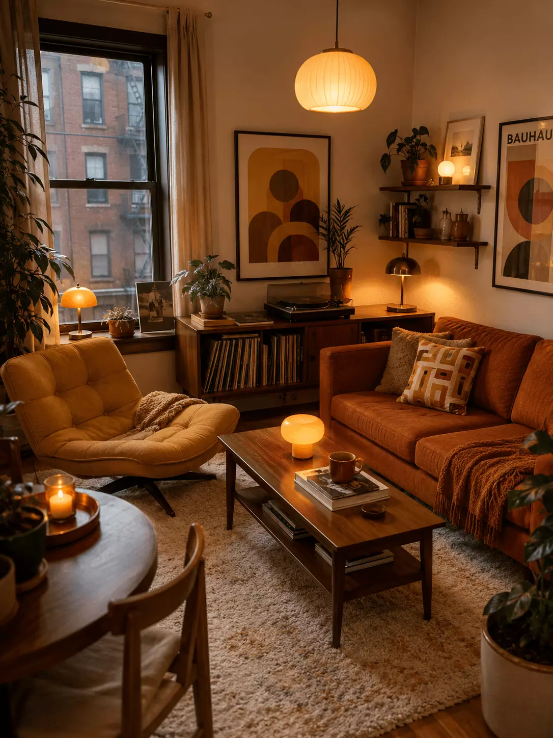 Warm apartment mid-century modern living room with an orange sofa, mustard lounge chair, wood coffee table, record cabinet, abstract wall art, indoor plants, paper pendant lamp, and shag rug.