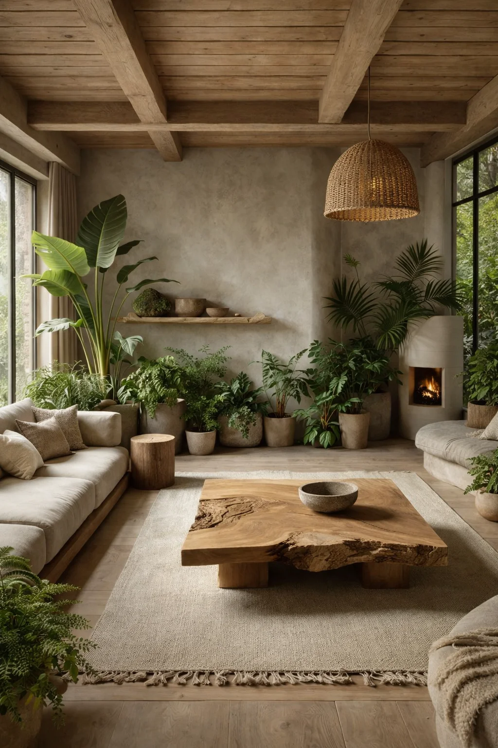 Sunlit modern living room with a cream sofa, concrete fireplace, wood table, and abundant tropical plants