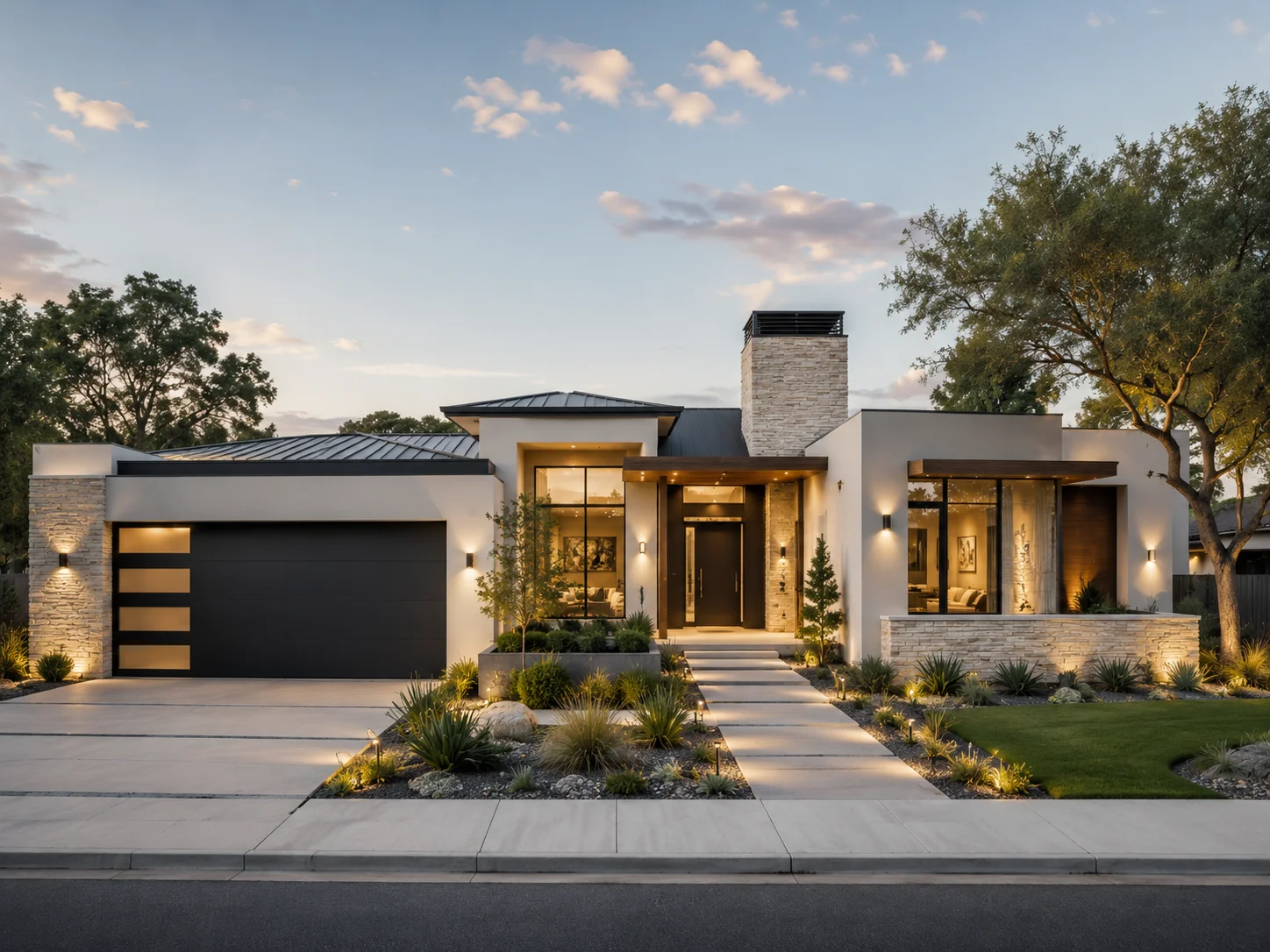 Modern single-story house with white stucco, black garage door, stone chimney, large windows, and lit landscaping