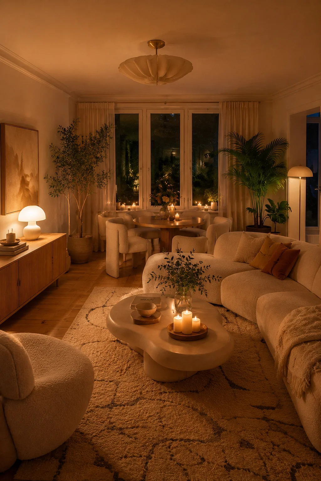 Sophisticated living room with a curved cream sofa, round stone table, walnut sideboard, and floor lamp