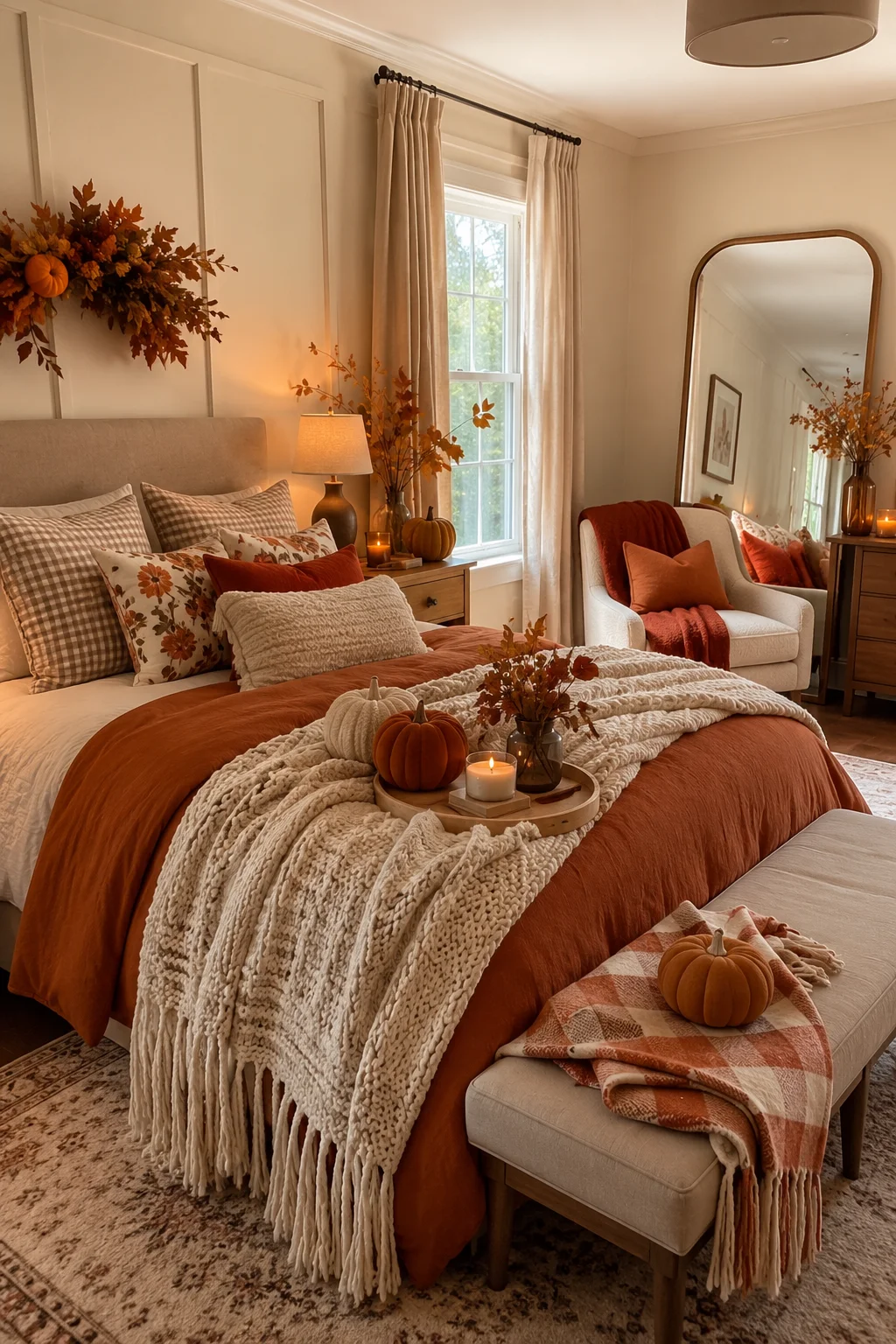 Autumn bedroom with rust orange bedding, gingham pillows, pumpkins, a cream armchair, and candlelight