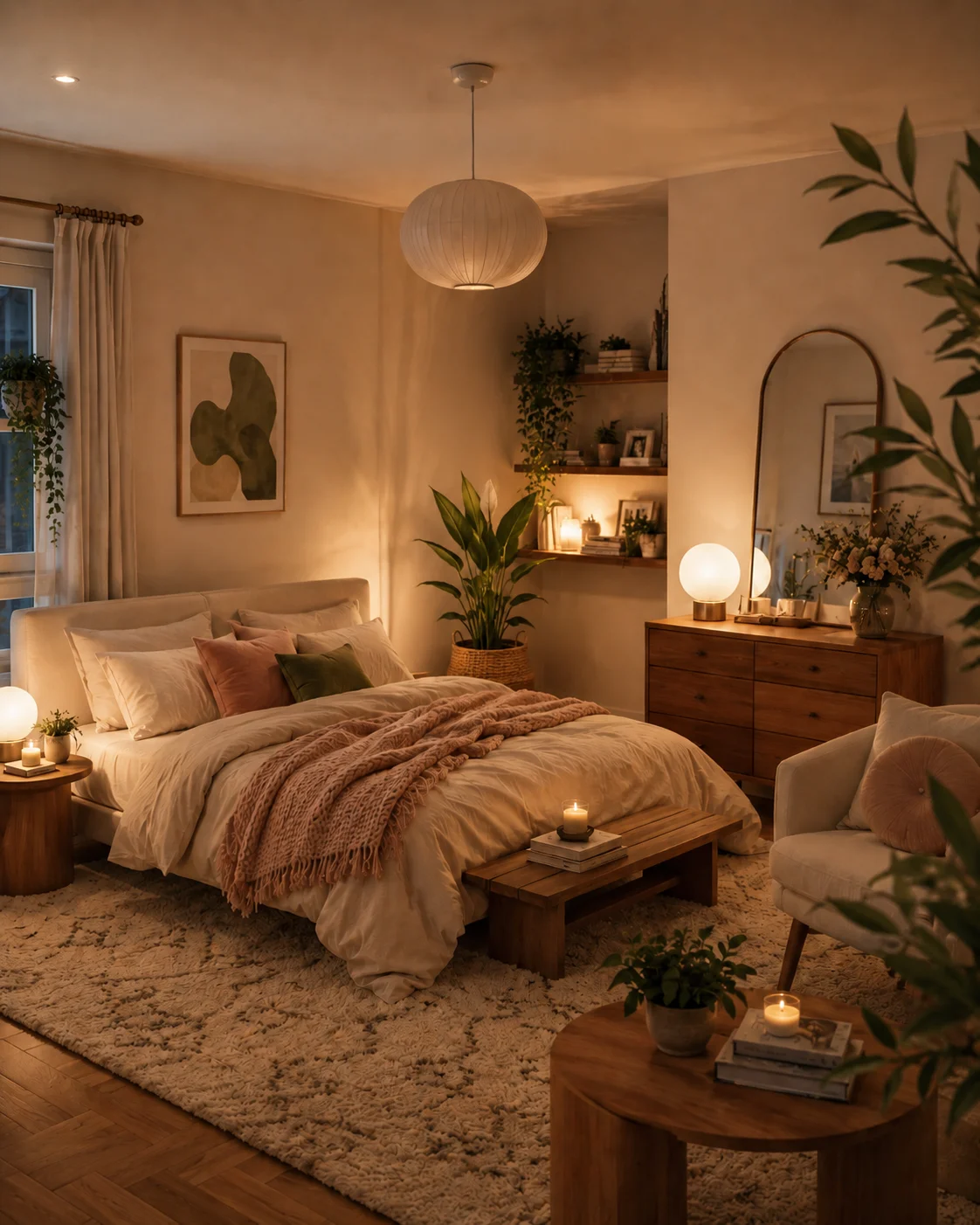 Warm modern bedroom with an upholstered bed, rust knit throw, walnut dresser, globe lamps, and potted plants