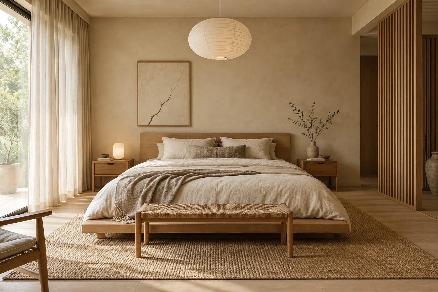 After concept: japandi bedroom with a low oak bed, cream linen bedding, a paper pendant and textured neutral walls.