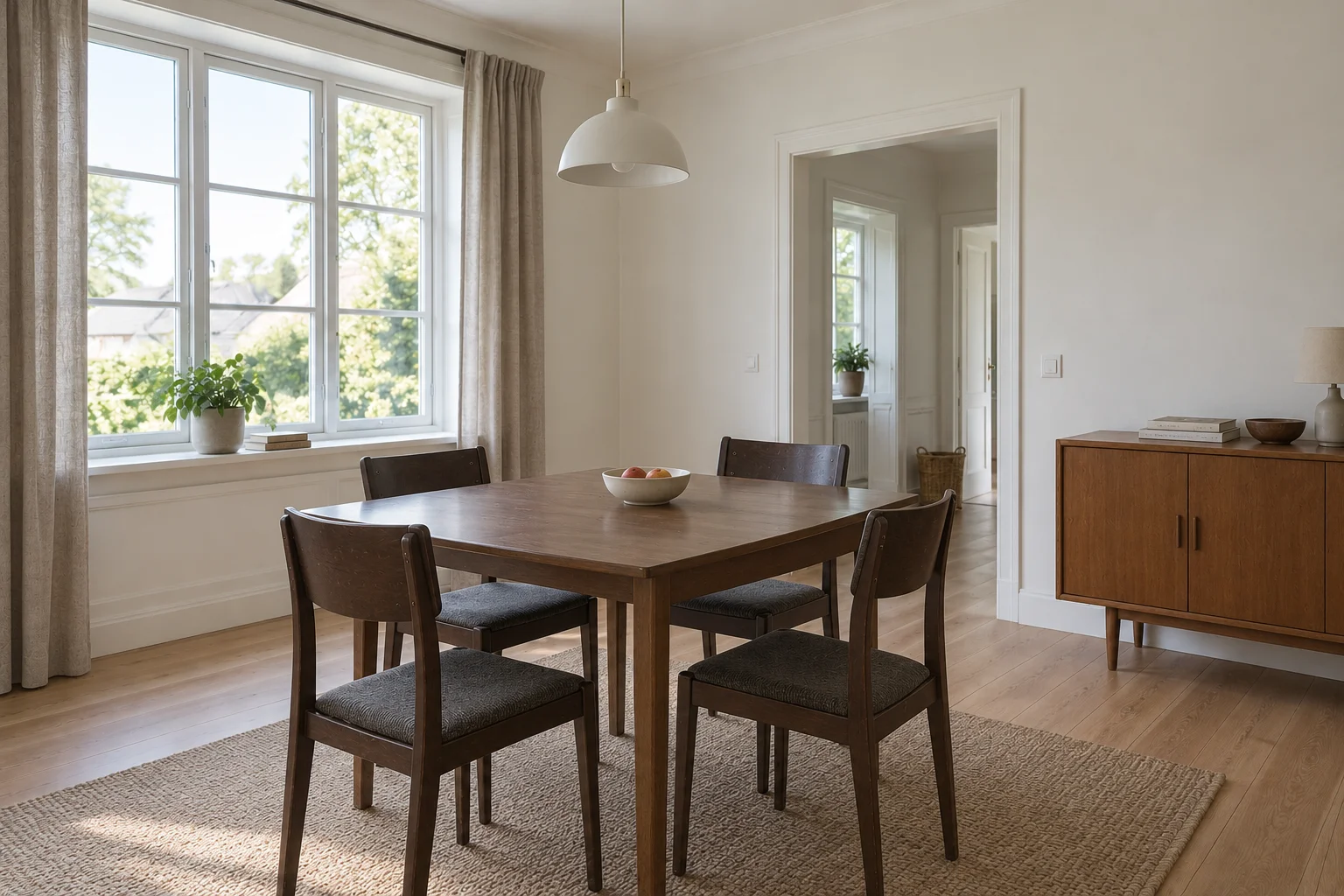 Dining room before the illustrated Scandinavian redesign, with a rectangular dark wood table and upholstered dining chairs.
