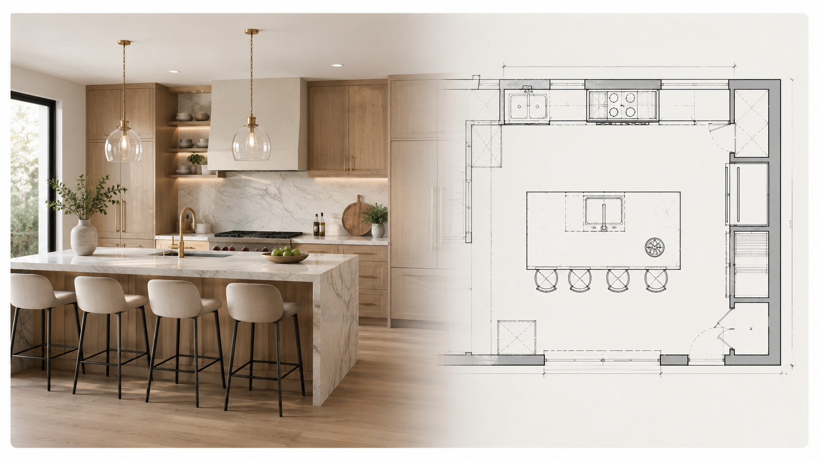 AI kitchen design and floor plan generator showing a modern kitchen rendering with island, cabinets, countertops, and layout plan