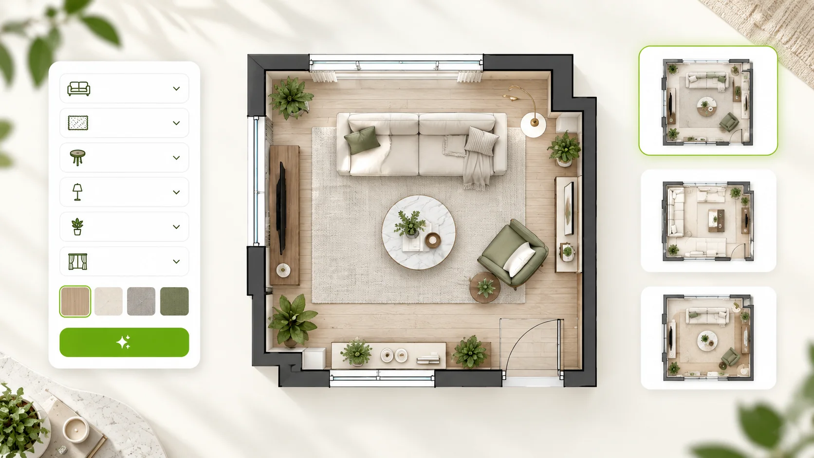Living room floor plan with sofa, coffee table, TV unit, rug, and plants