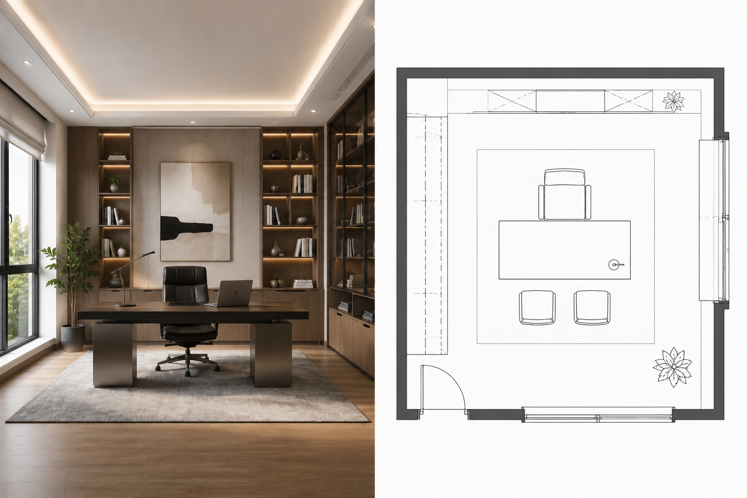 AI office design and office layout generator showing a modern workspace rendering with desk, storage, lighting, and CAD office floor plan