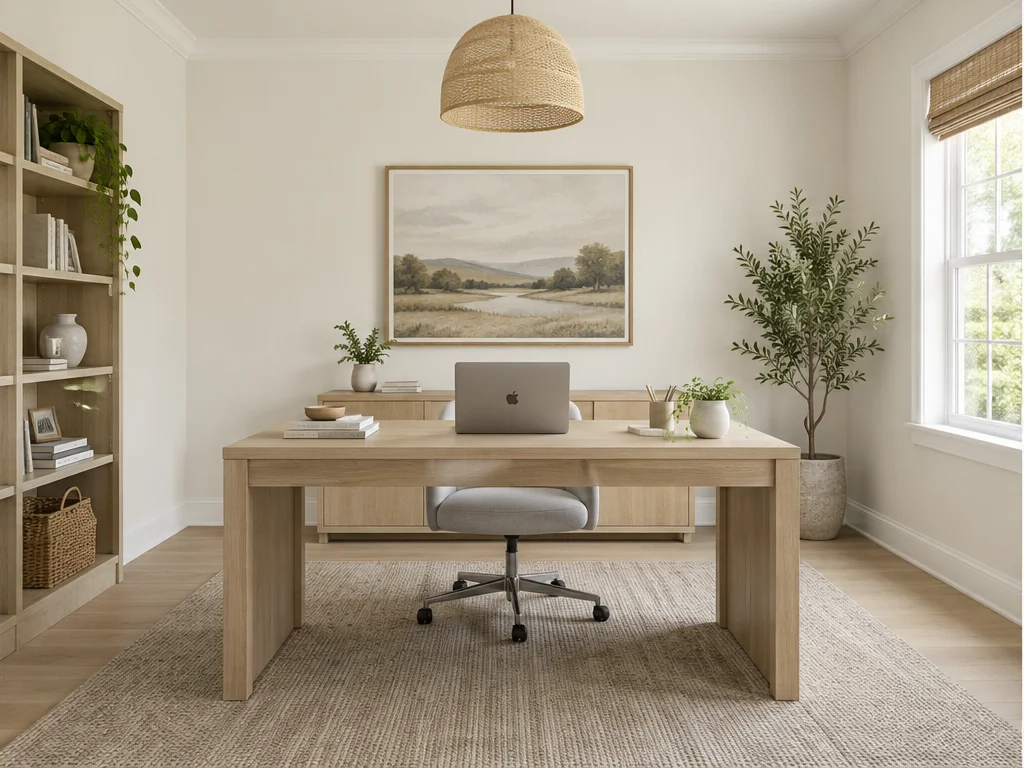 Home office with off-white walls, a light oak desk and open shelving.
