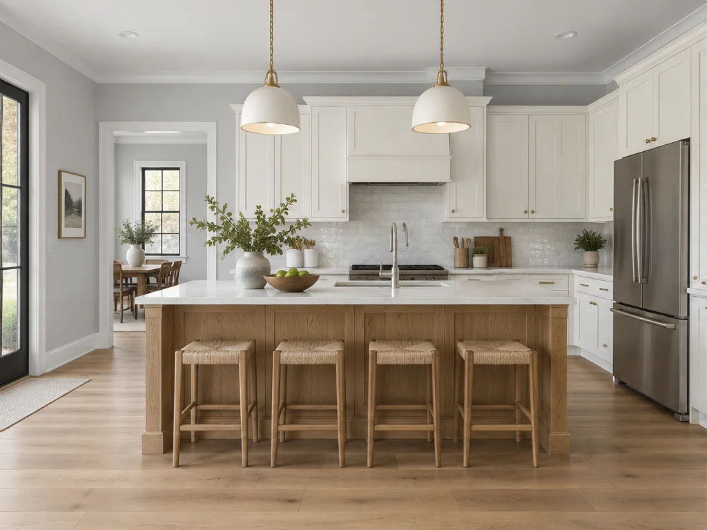 Kitchen with cool gray walls, off-white cabinets and a natural oak island.
