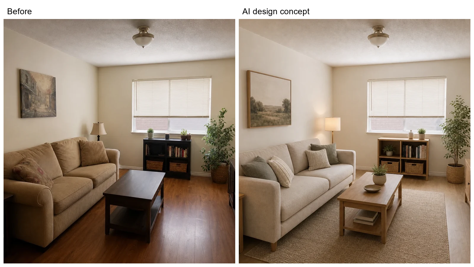 Original living room beside an AI-generated renovation concept for a homeowner