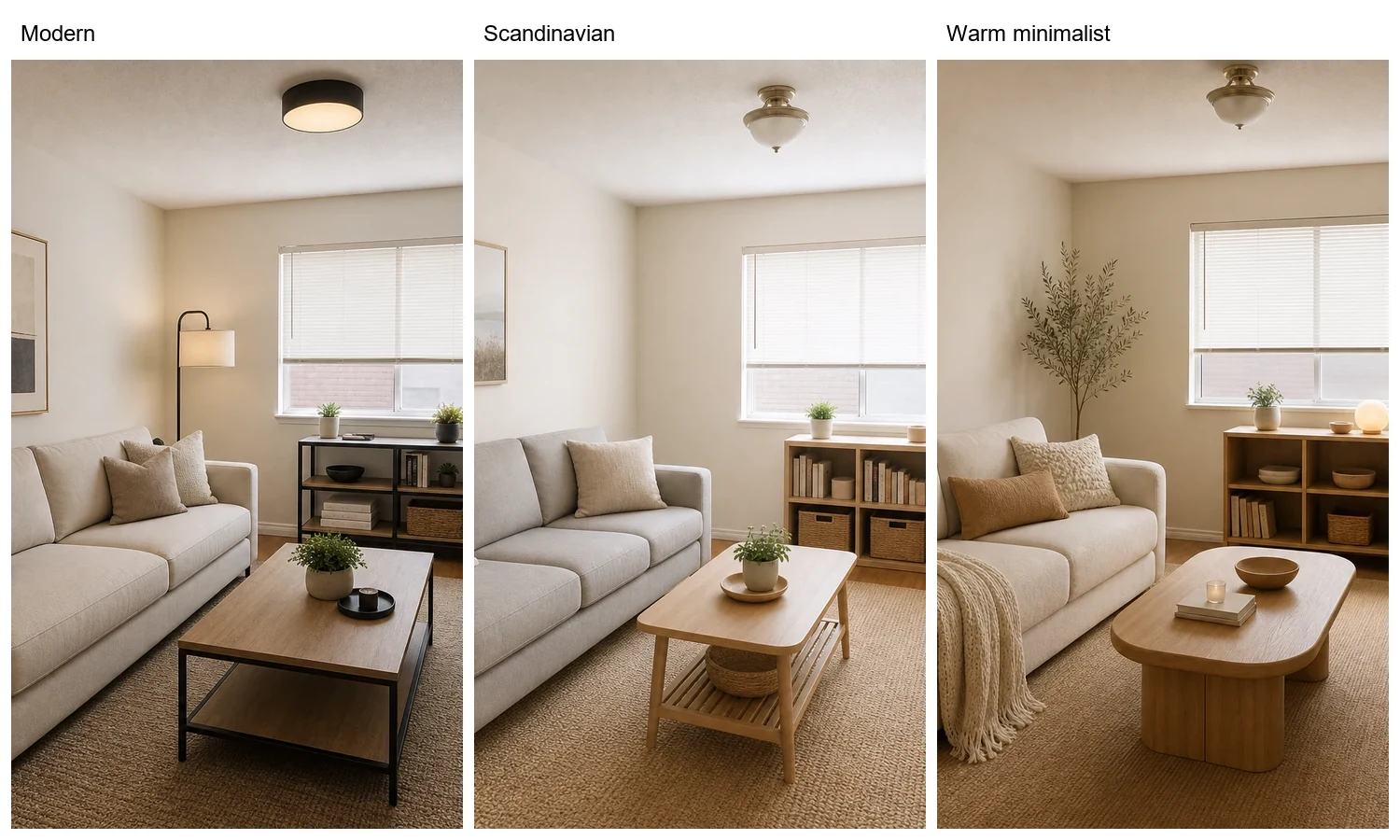 Three renovation concepts showing modern, Scandinavian, and warm minimalist styles for the same living room