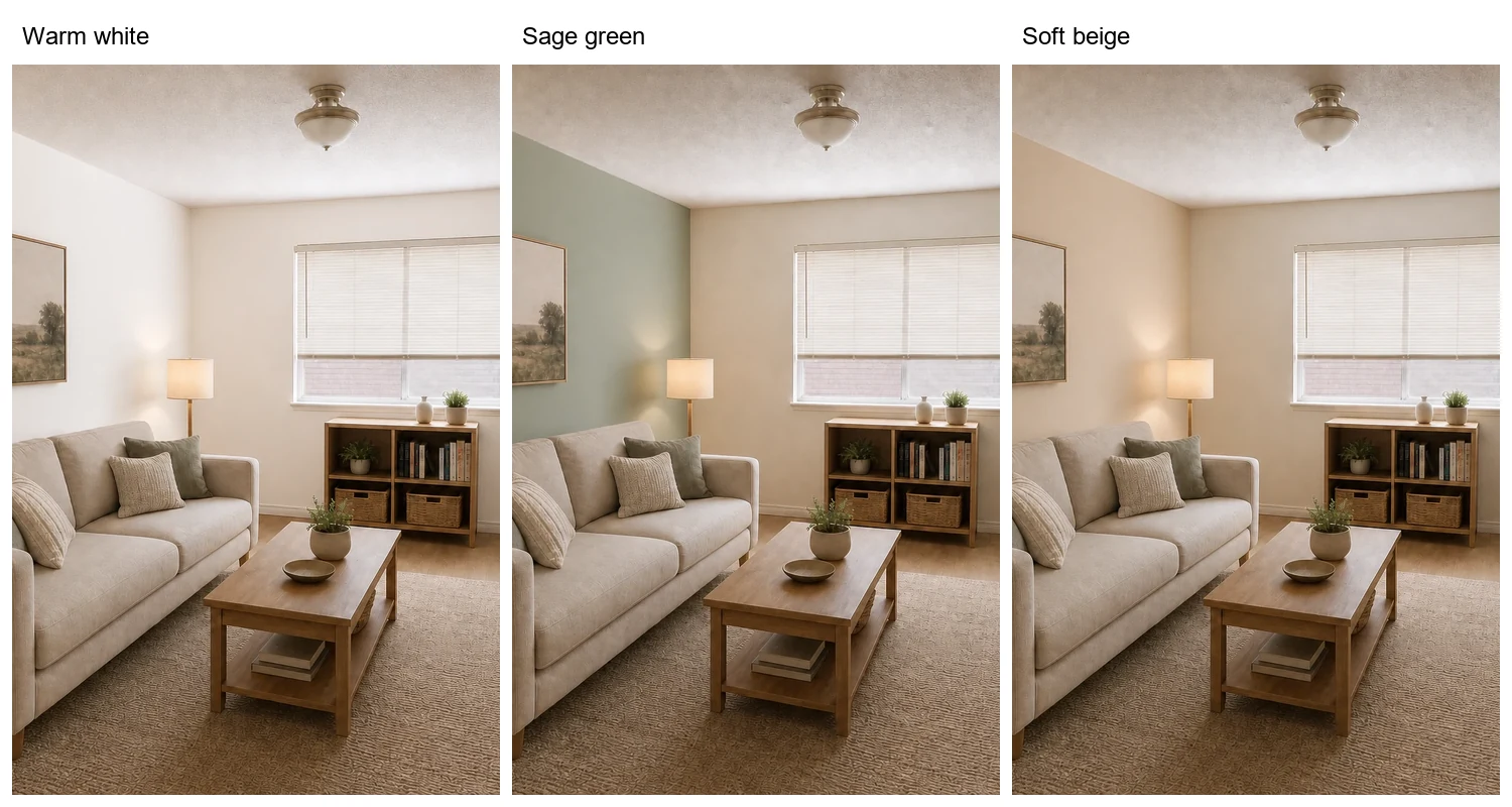 Living room wall shown with warm white, sage green, and soft beige paint color options