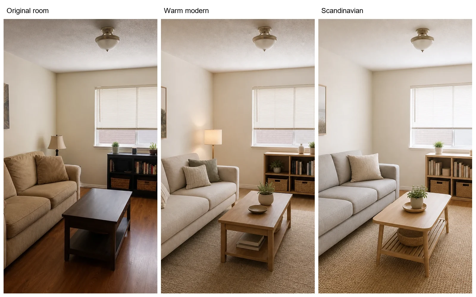 Small living room renovation workflow showing the original room and two coordinated AI design options