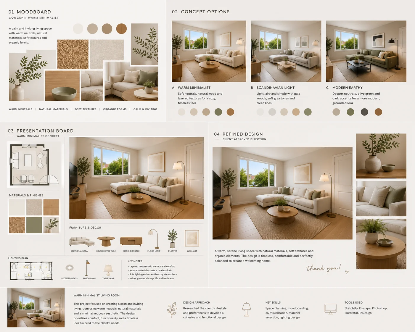 Interior design student project showing a moodboard, room concept, presentation board, and portfolio page