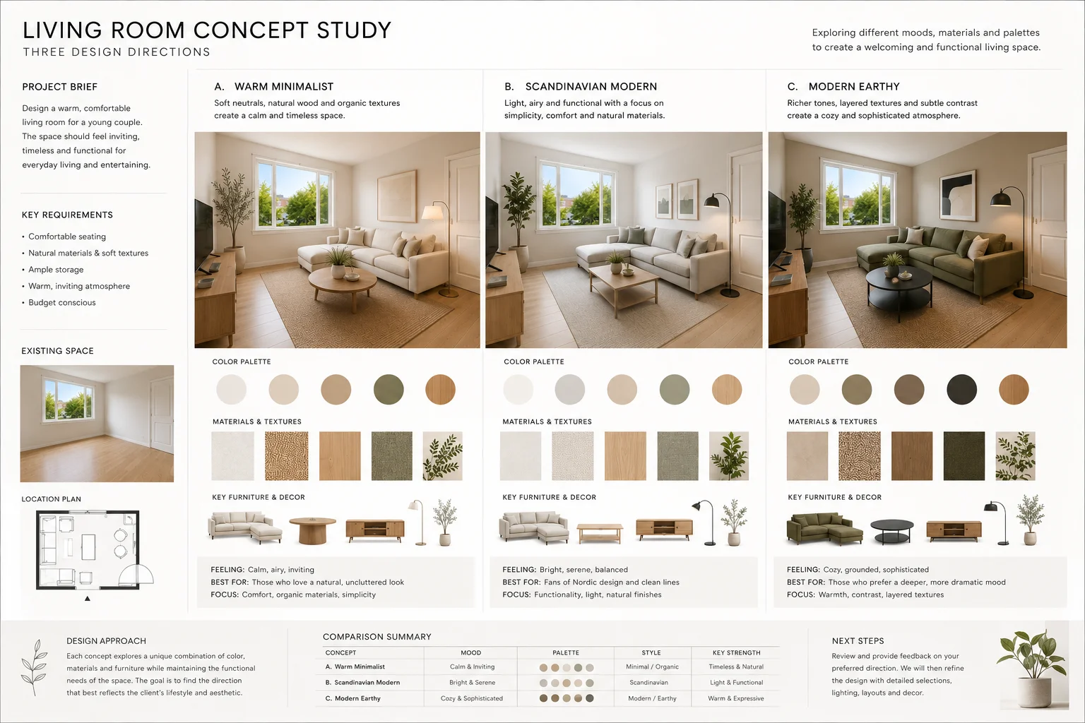 One student interior design project shown in three different concept directions for comparison