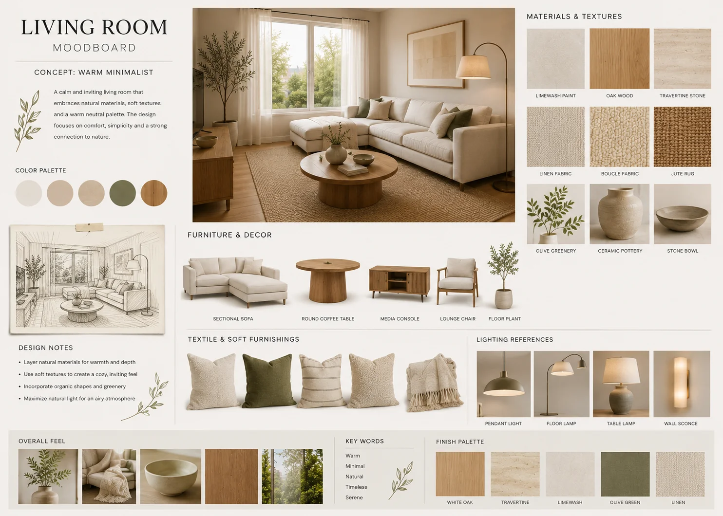 Interior design student moodboard with materials, furniture, colors, textures, and lighting references