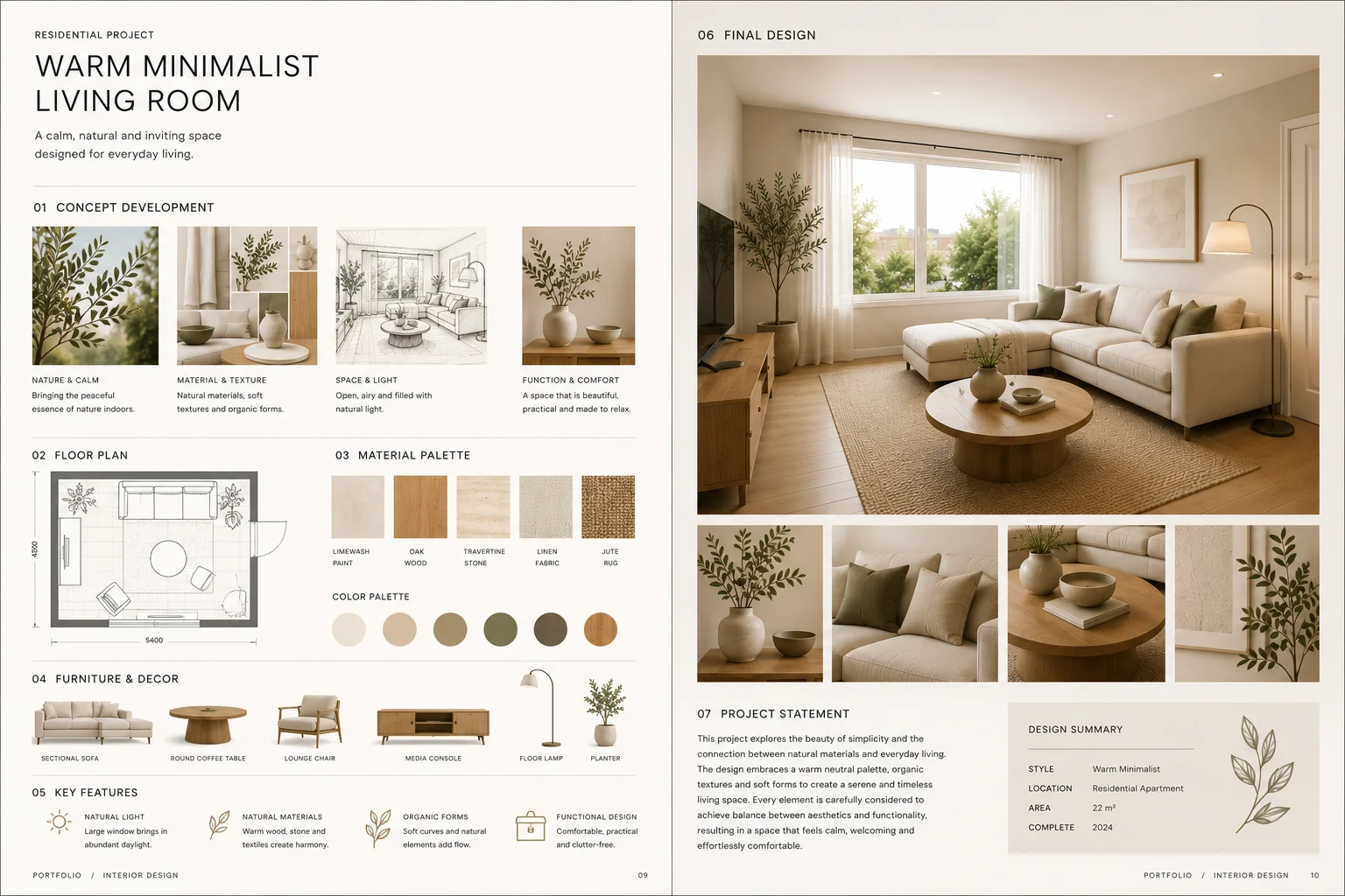 Interior design student portfolio spread showing concept development, plan, material palette, and final interior visual