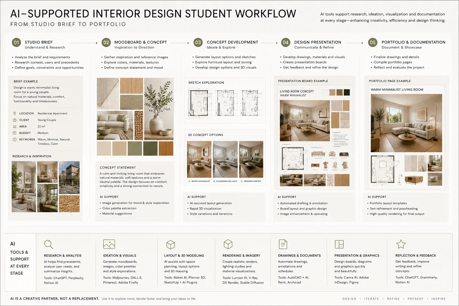 AI-supported student workflow from studio brief and moodboard to concept development, presentation, and portfolio