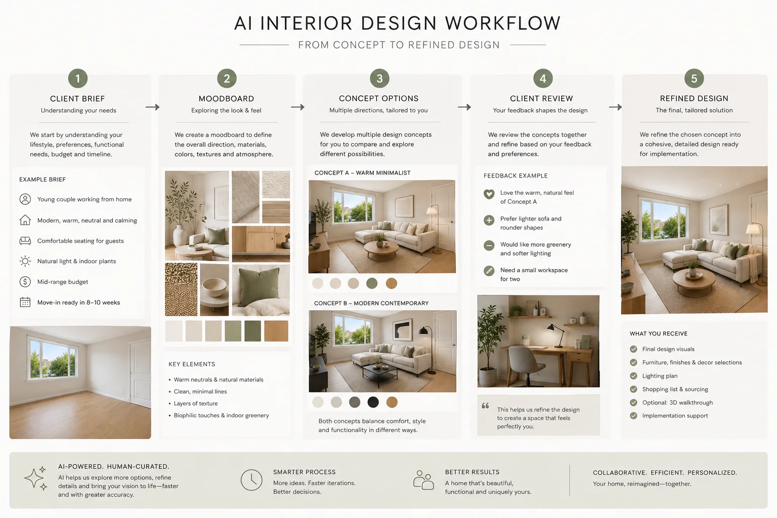 AI interior design workflow showing client brief, moodboard, concept options, client review, and refined design