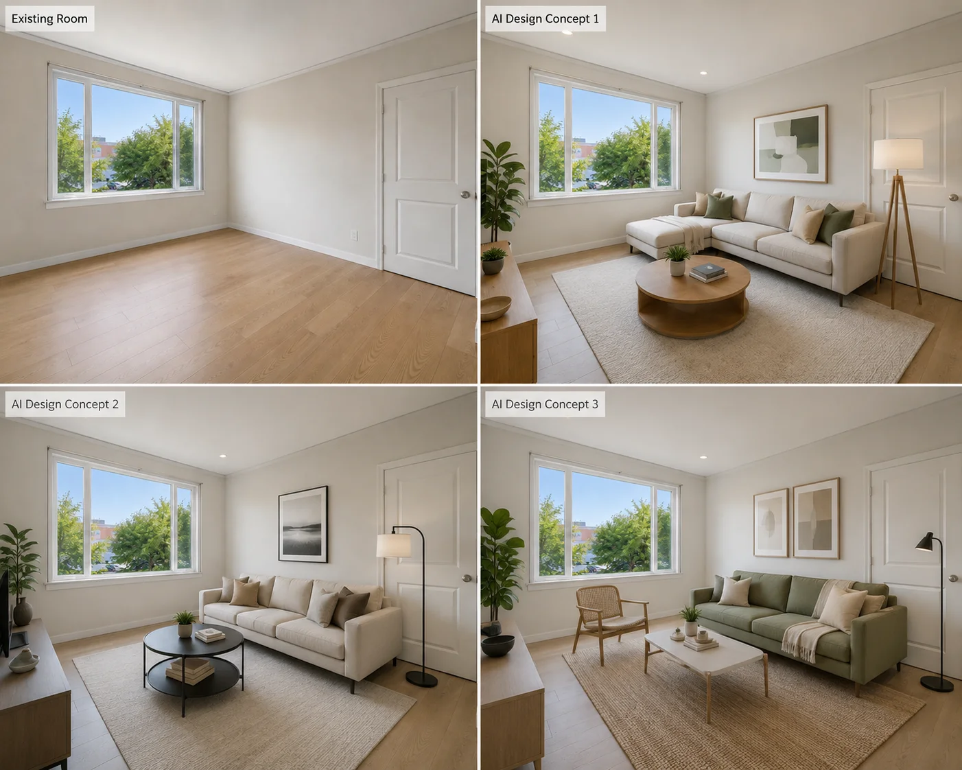 Interior designer comparing an existing room with several AI-generated design concepts for a client project