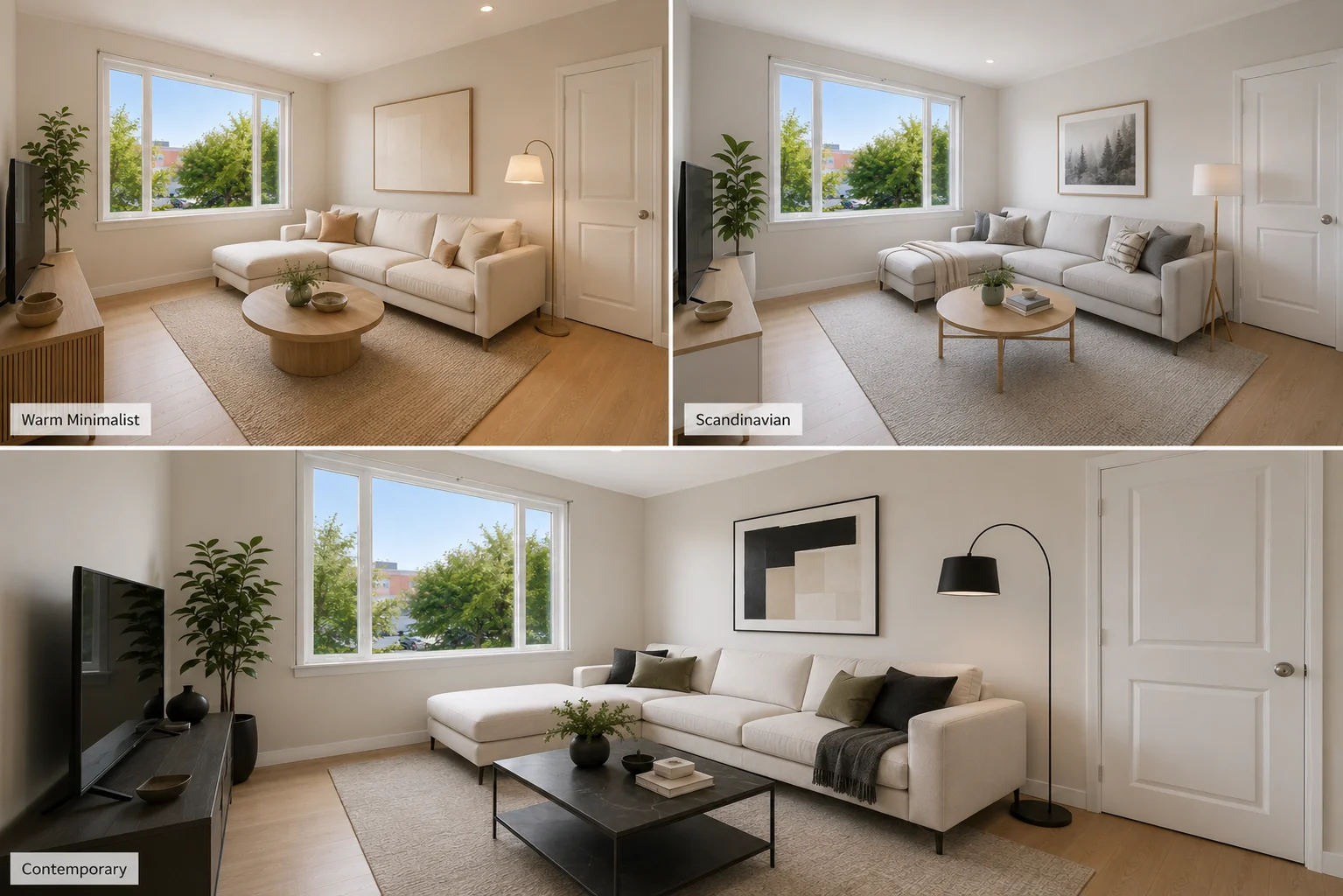 The same living room shown in warm minimalist, Scandinavian, and contemporary interior design concepts