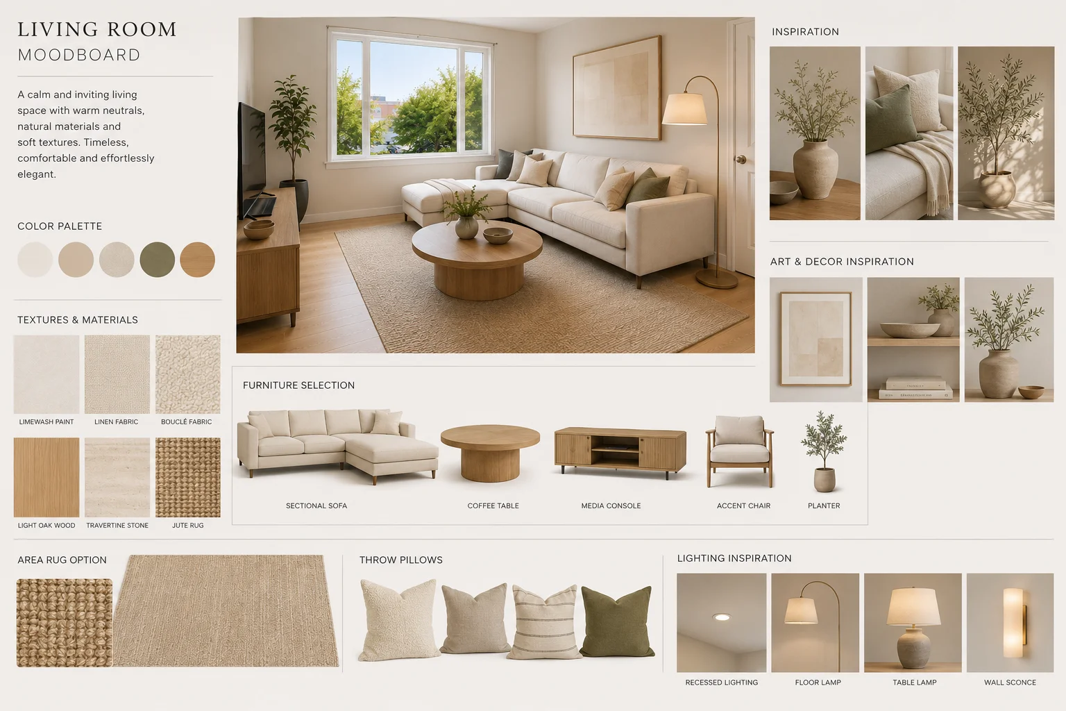 Interior design moodboard with material samples, furniture references, colors, textures, and lighting inspiration