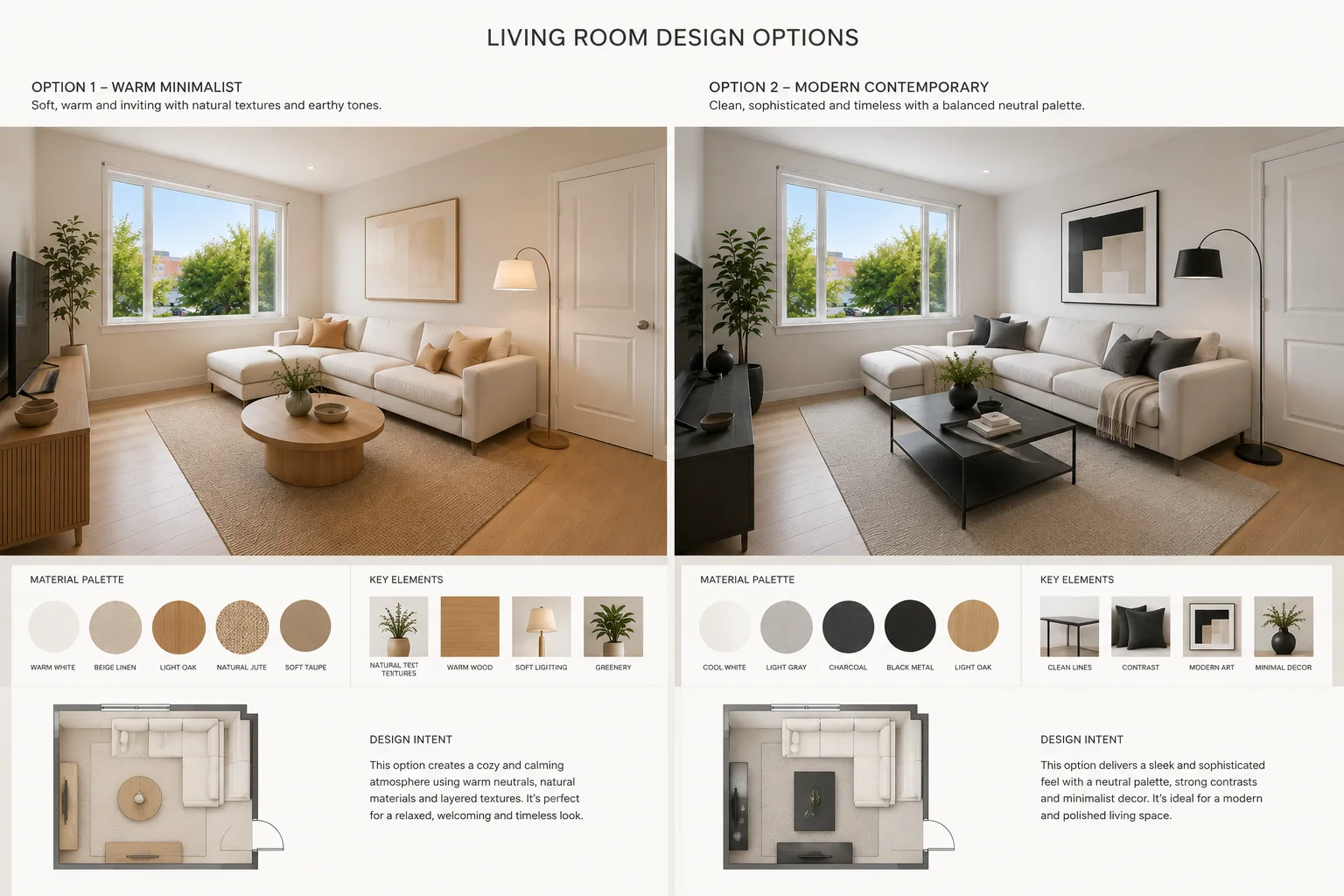 Interior design rendering displayed as part of a client presentation with two alternative design directions