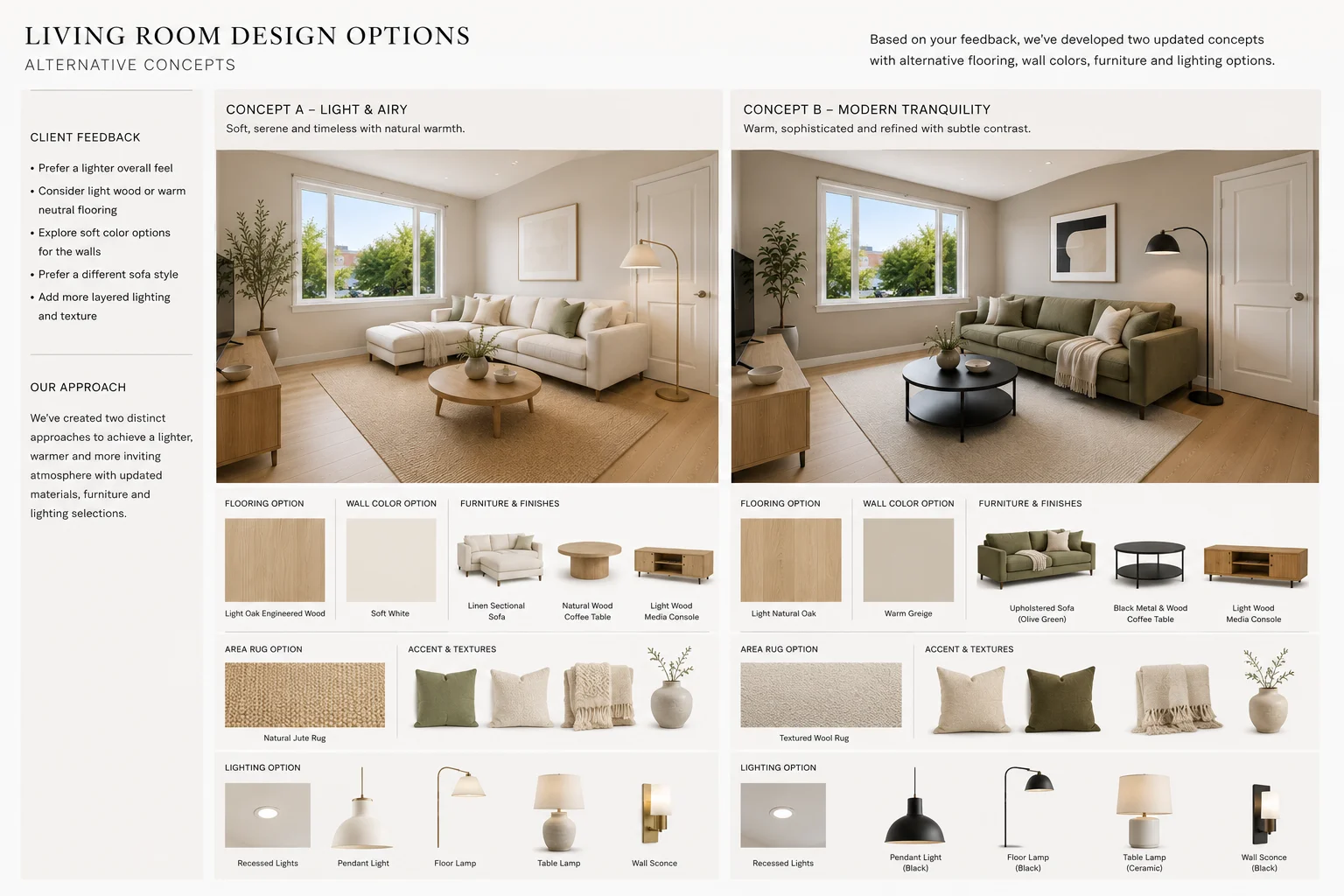 Interior concept showing alternative flooring, wall color, furniture, and lighting options after client feedback