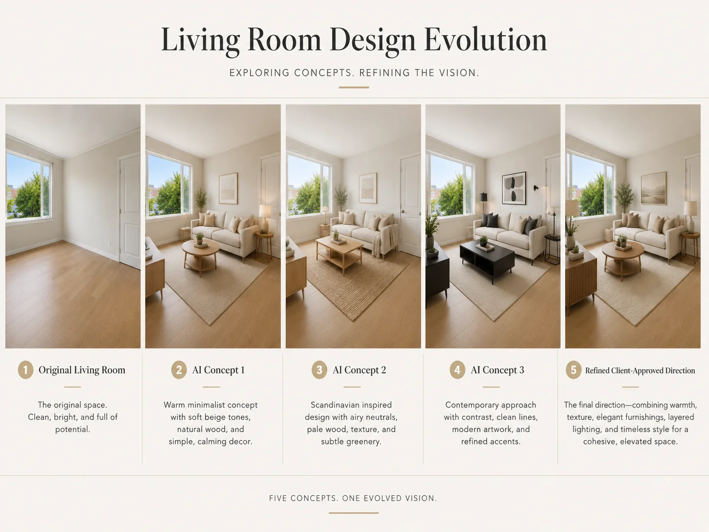 Original living room followed by three AI concepts and a refined client-approved design direction