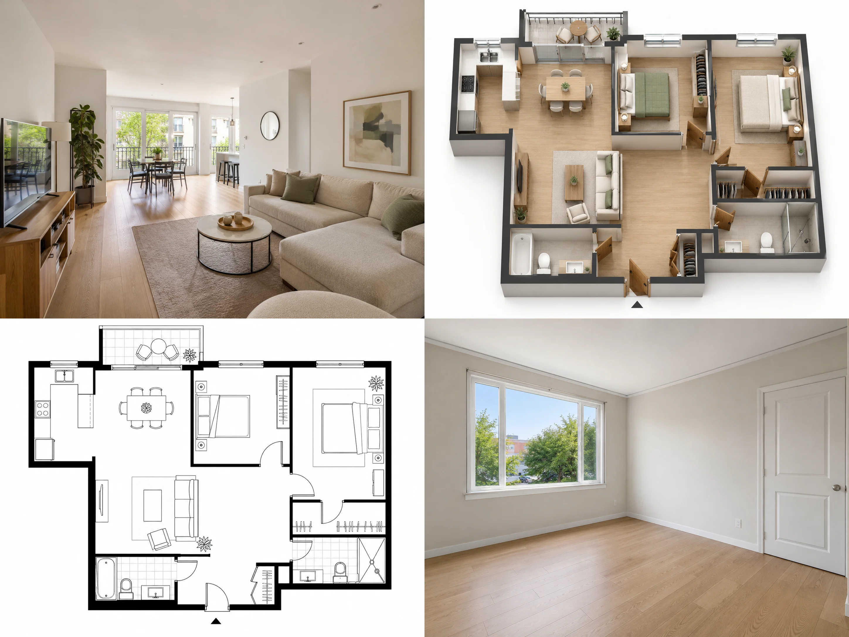 Real estate property marketing visuals including a listing photo, floor plan, 3D layout, and virtually staged room