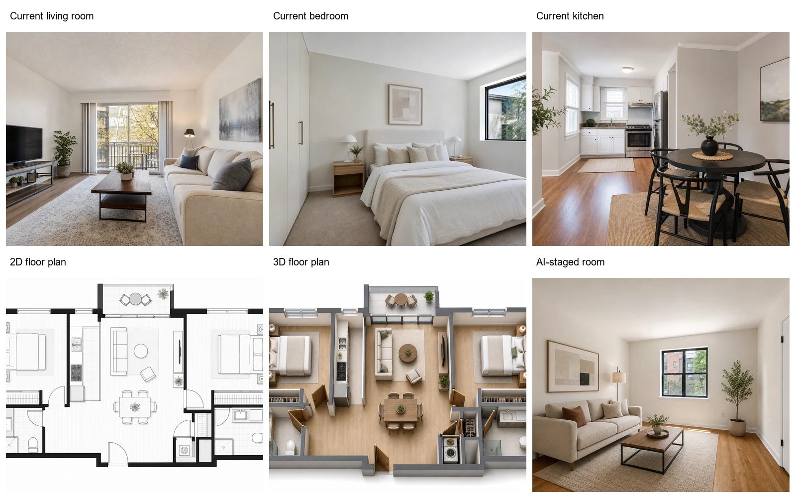 Real estate listing presentation containing room photos, a floor plan, and a three-dimensional layout