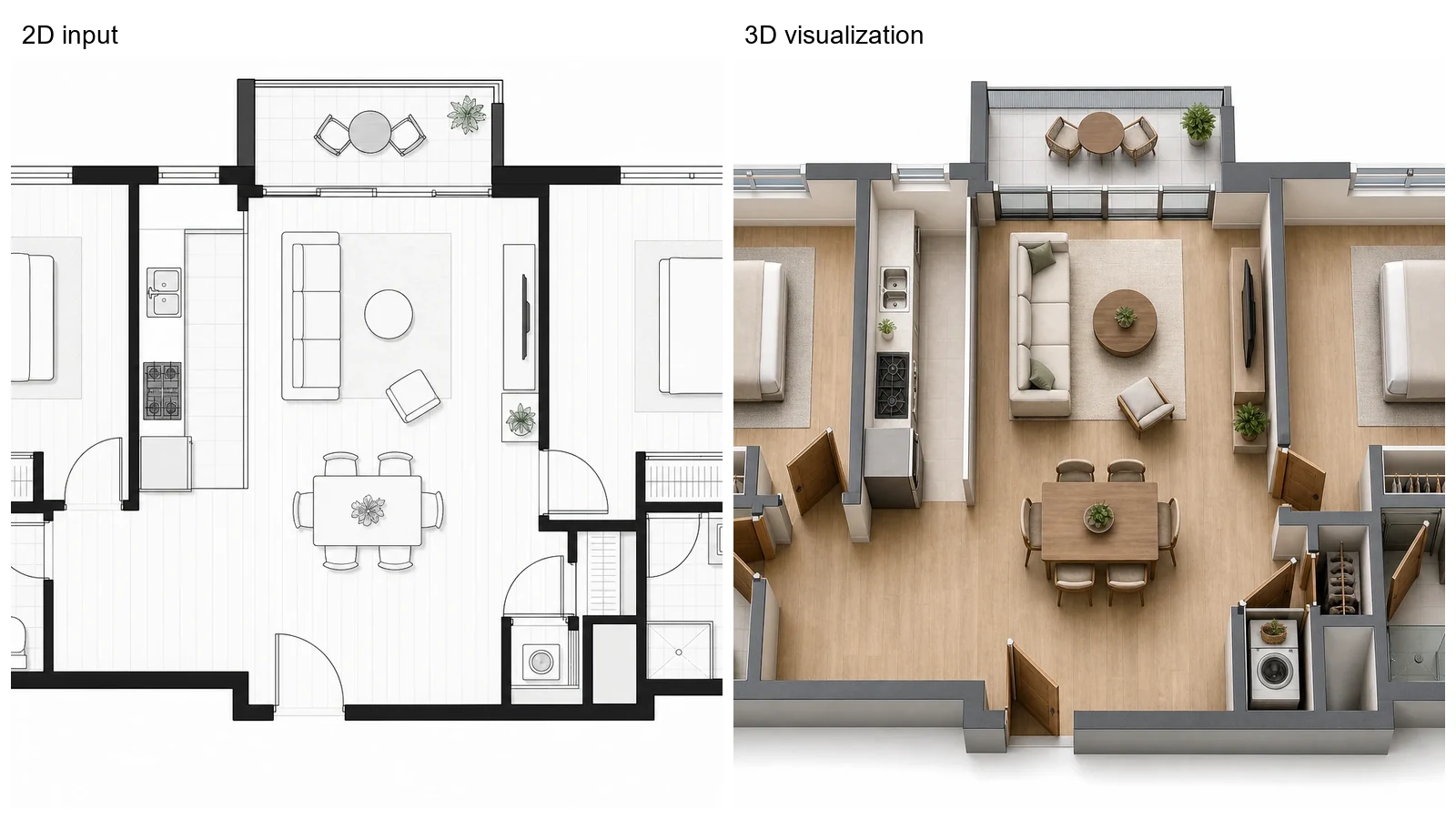 Two-dimensional apartment floor plan transformed into a three-dimensional property layout