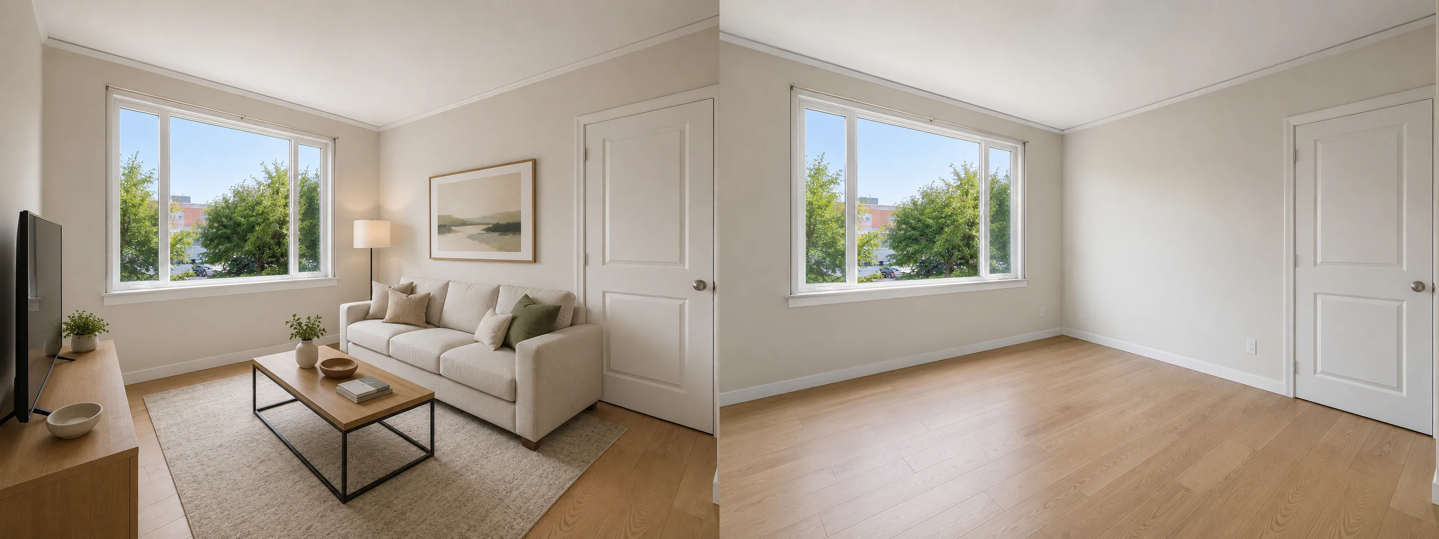Empty real estate listing room shown before and after virtual staging with realistic furniture